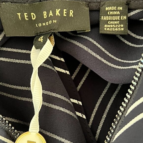 TED BAKER NAVY ZIP FRONT STRIPED MIDI DRESS SIZE 4 US 12 - Picture 7 of 8